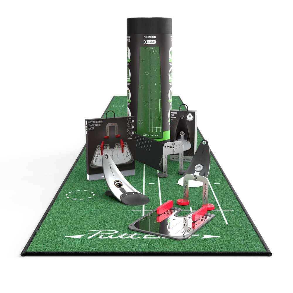 PuttOUT Tour Putting Studio Large Green Mat Stone Trainer Platinum Trainer Mirror & Gate Alignment Stick & Plane